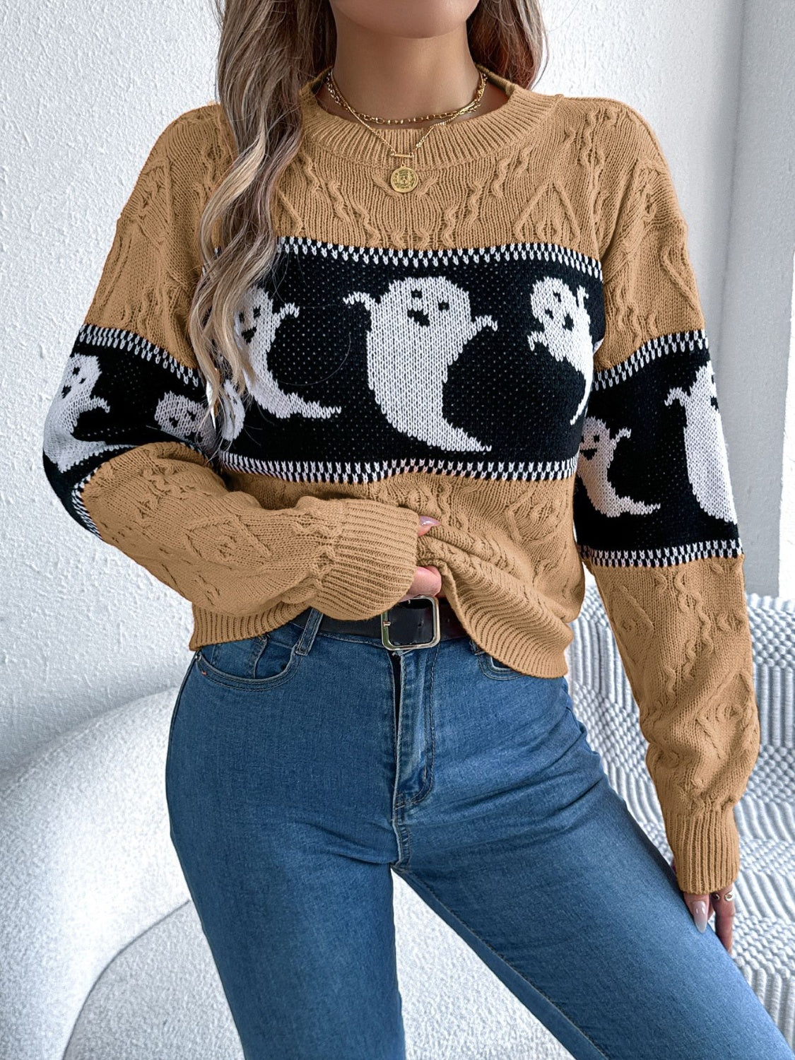 Ghost Round Neck Long Sleeve Sweater-Angel Casuals