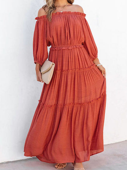 Ruffle Trim Off Shoulder Long Sleeve Maxi Dress-Angel Casuals