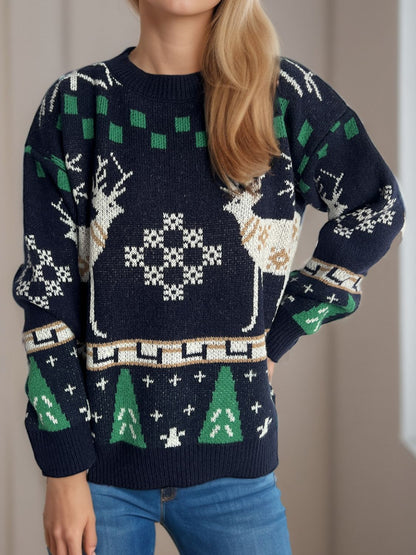 Christmas Element Round Neck Long Sleeve Sweater-Angel Casuals