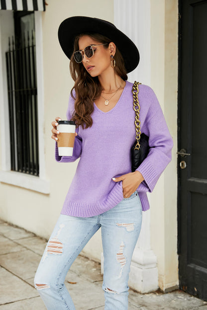 Drop Shoulder V-Neck Knit Pullover-Angel Casuals