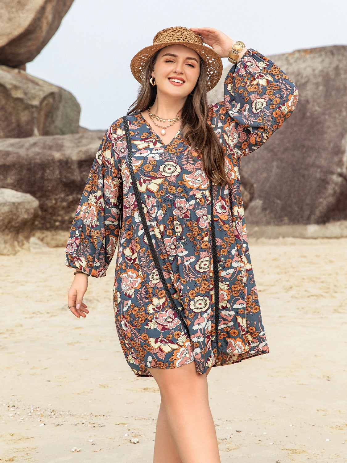 Plus Size Printed V-Neck Balloon Sleeve Mini Dress-Angel Casuals