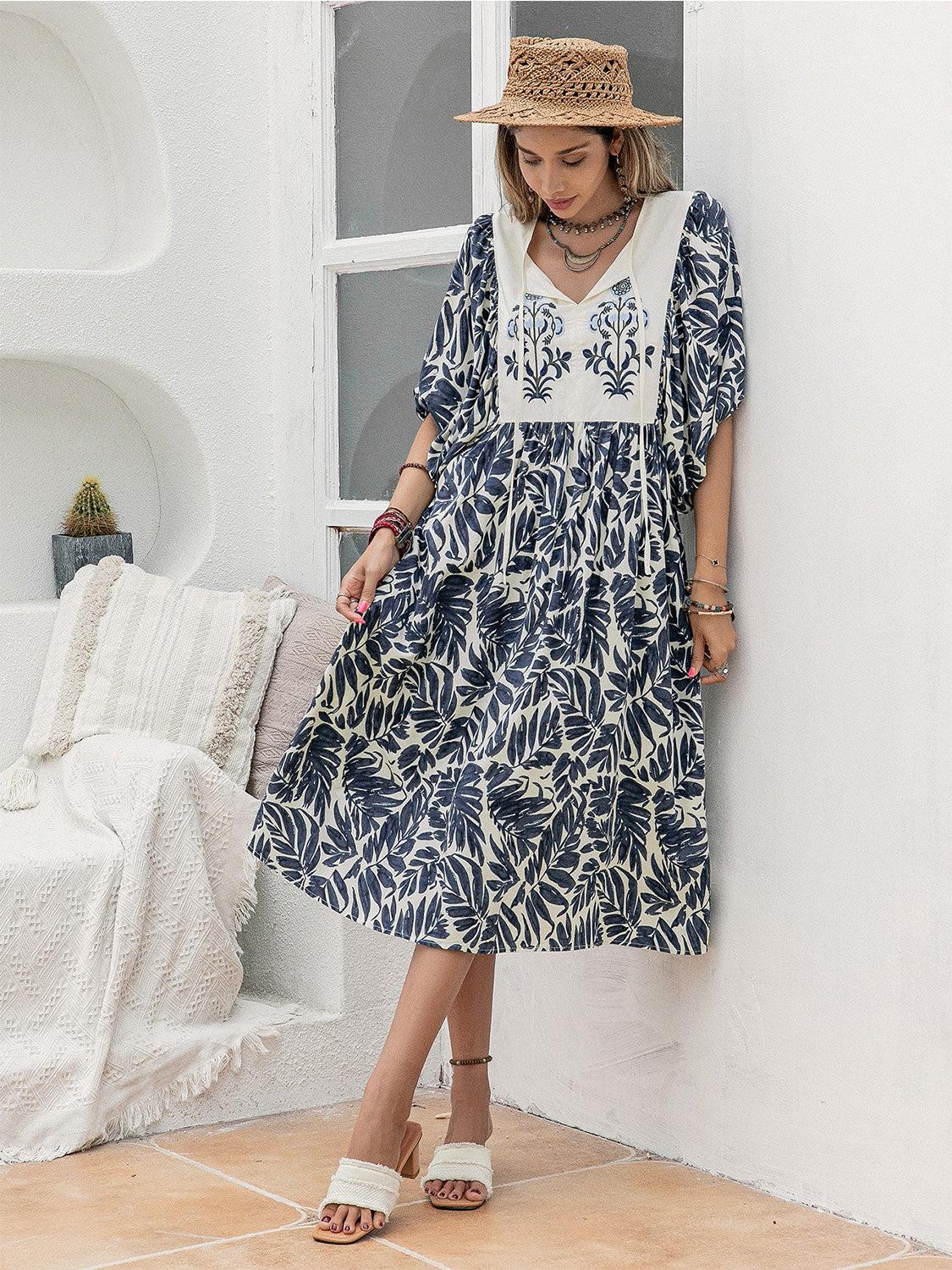 Printed Tie Neck Midi Dress-Angel Casuals