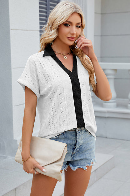 Eyelet Johnny Collar Short Sleeve T-Shirt-Angel Casuals
