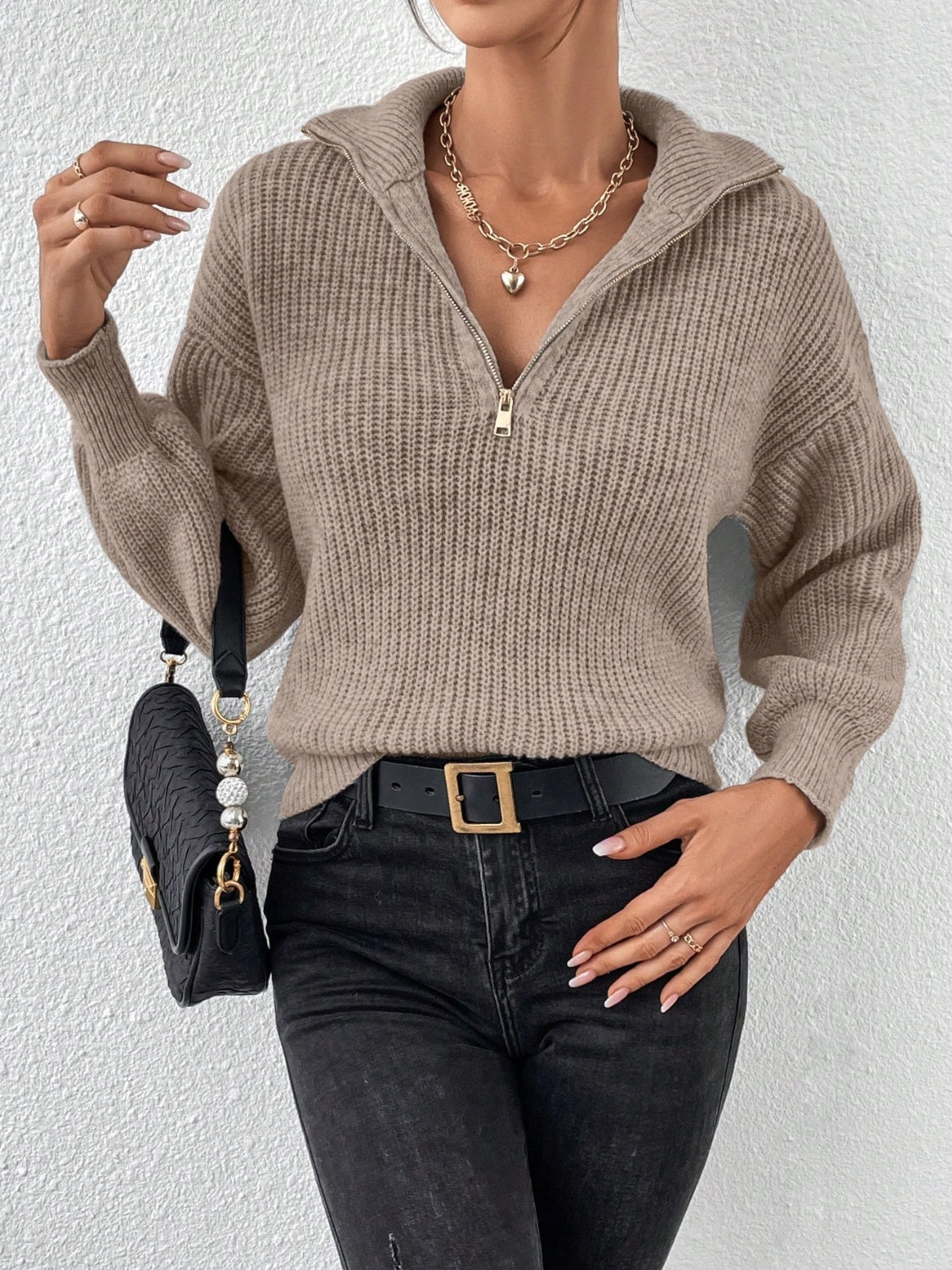 Honey Half Zip Dropped Shoulder Sweater-Angel Casuals