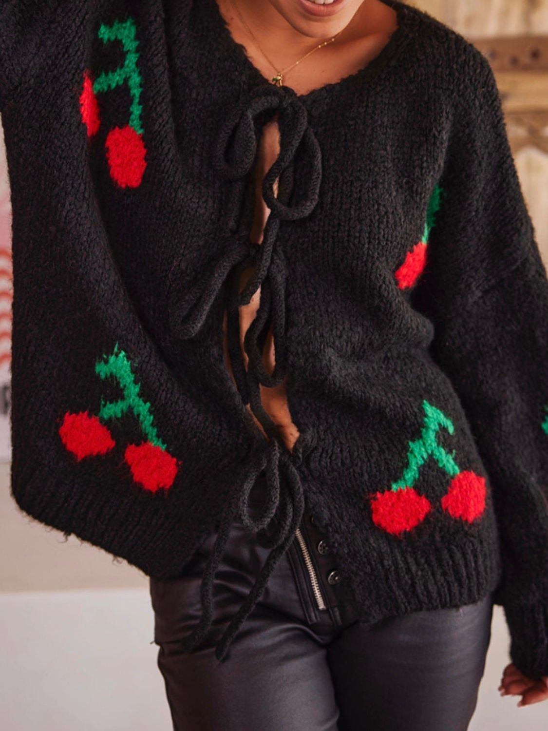 Tied Cherry Round Neck Long Sleeve Cardigan-Angel Casuals