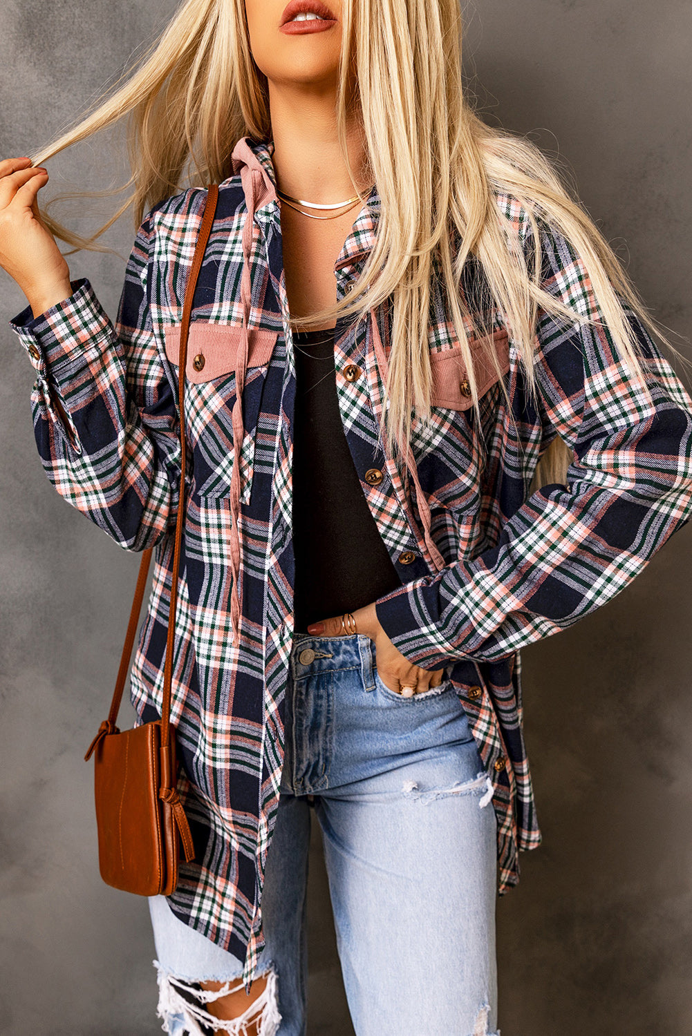 Plaid Drawstring Hooded Jacket with Pockets-Angel Casuals