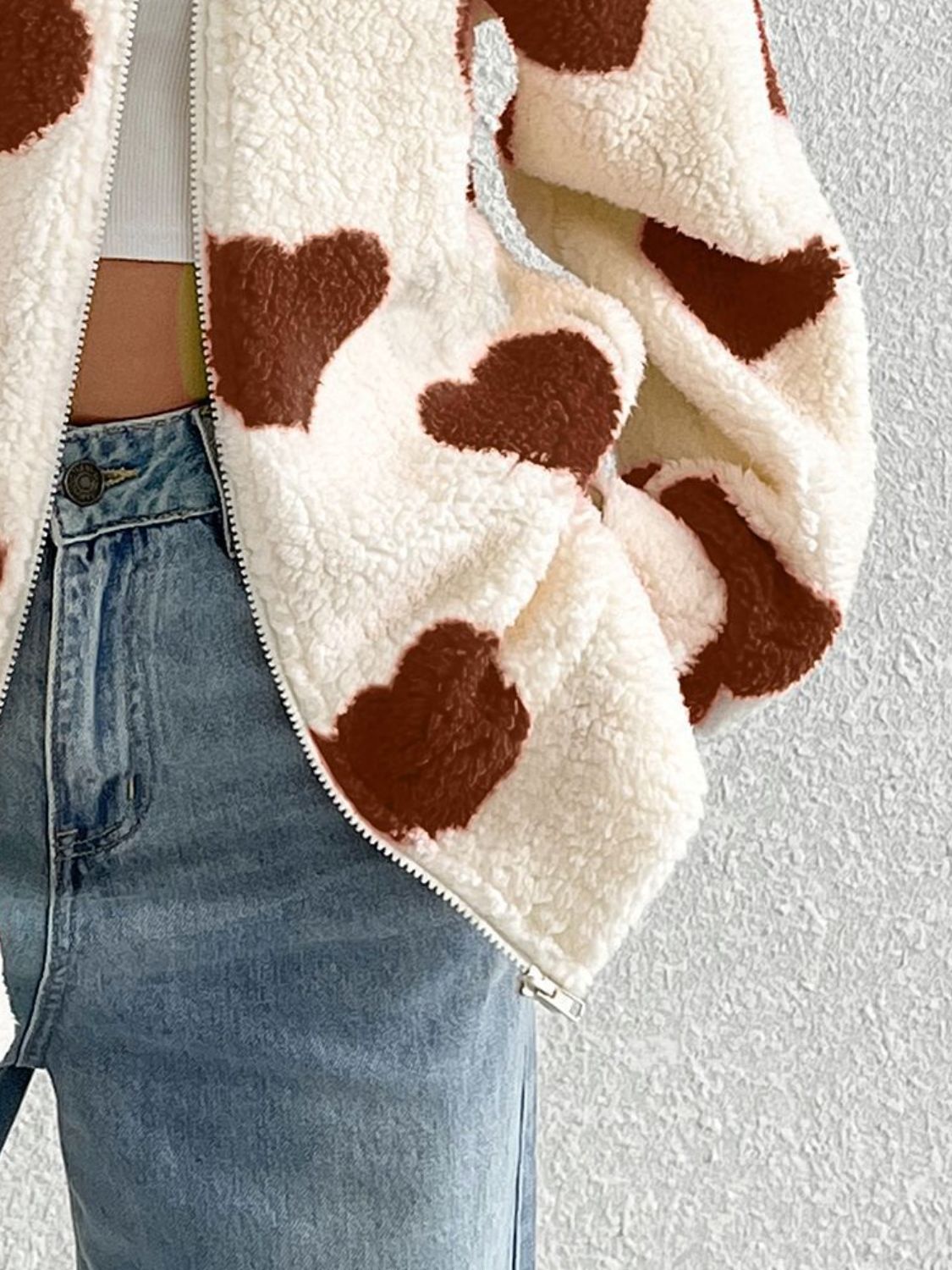 Heart Zip Up Drop Shoulder Furry Jacket-Angel Casuals
