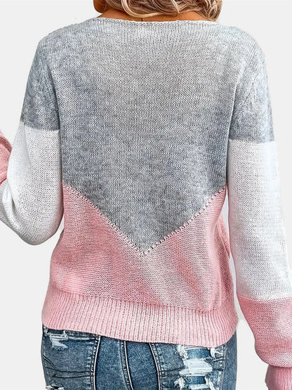 Openwork Contrast Round Neck Long Sleeve Knit Top-Angel Casuals