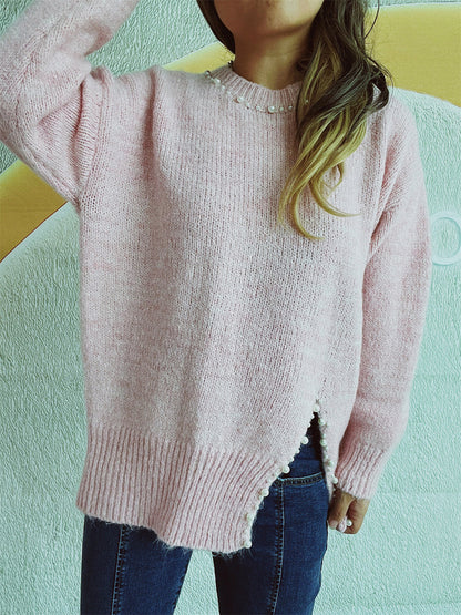 Slit Pearl Trim Round Neck Long Sleeve Sweater-Angel Casuals