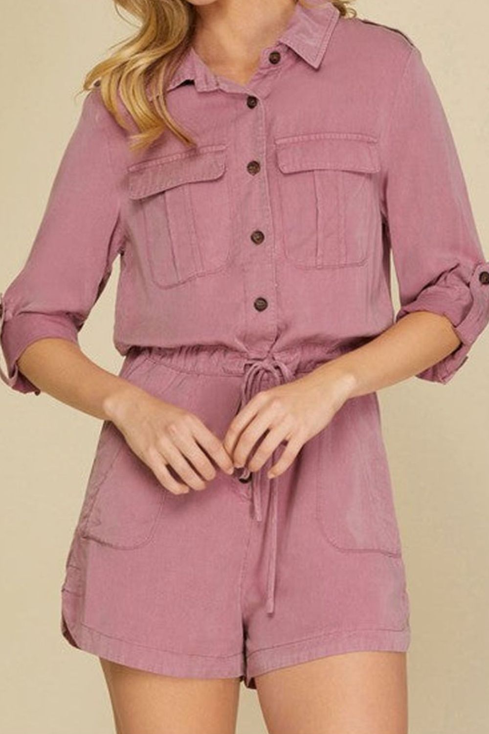 Collared Neck Drawstring Roll-Tab Sleeve Romper-Angel Casuals