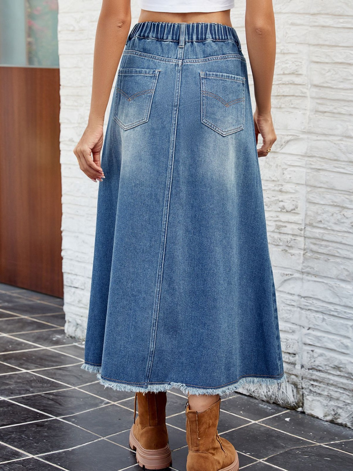 Raw Hem Buttoned Denim Skirt with Pockets-Angel Casuals