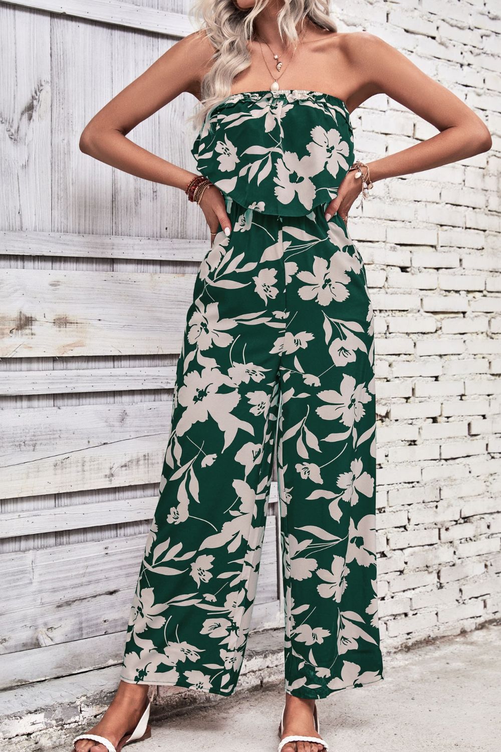 Floral Strapless Wide Leg Jumpsuit-Angel Casuals