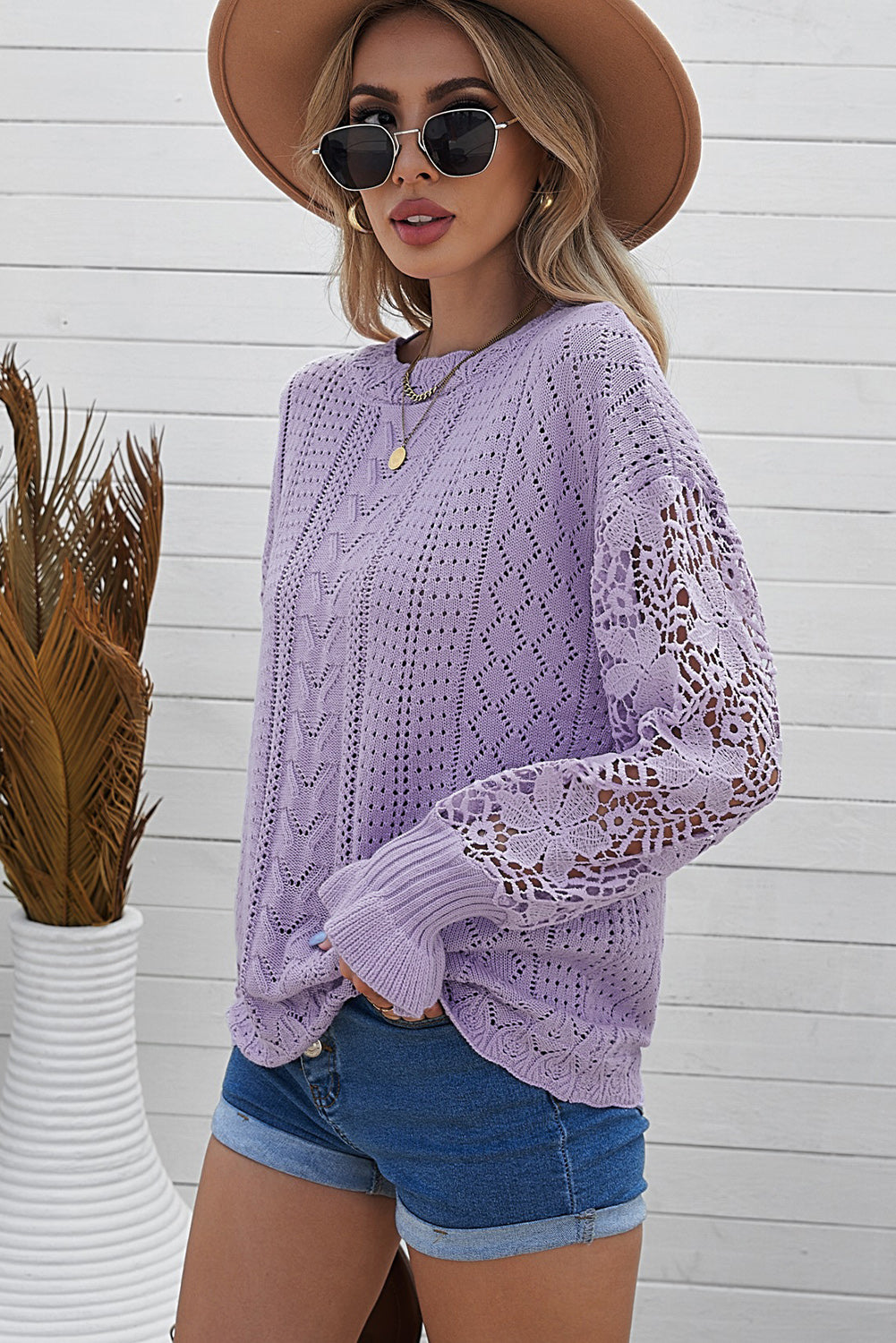 Openwork Lantern Sleeve Dropped Shoulder Sweater-Angel Casuals