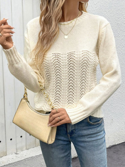 Perfee Openwork Round Neck Long Sleeve Sweater-Angel Casuals