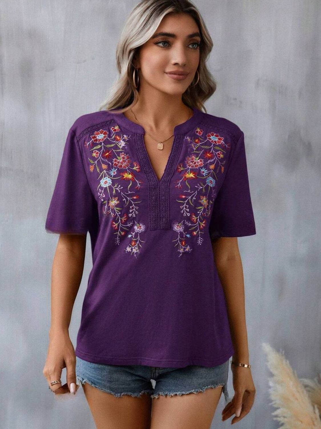 Embroidered Notched Short Sleeve T-Shirt-Angel Casuals