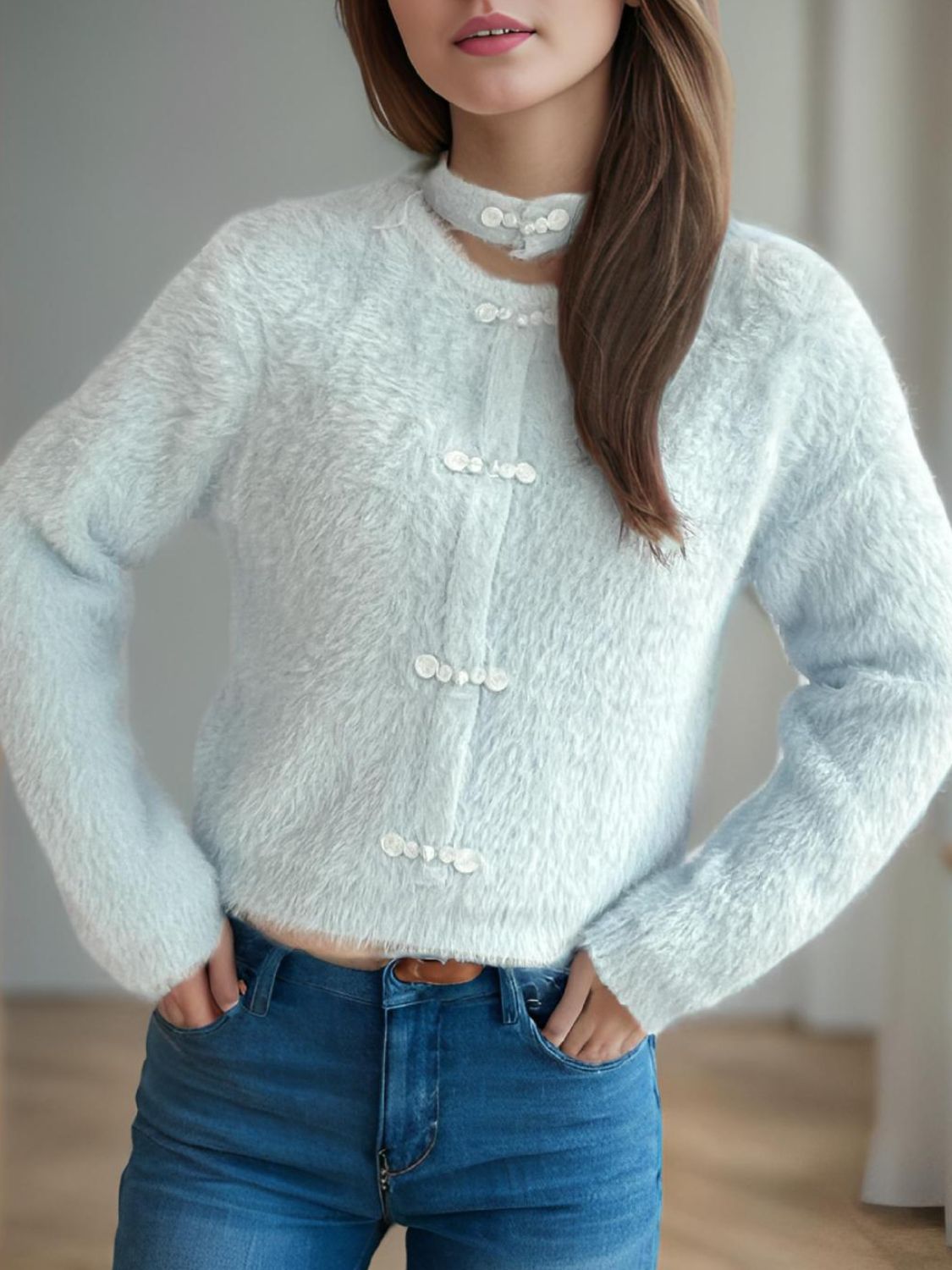 Cutout Knot Button Long Sleeve Cardigan-Angel Casuals
