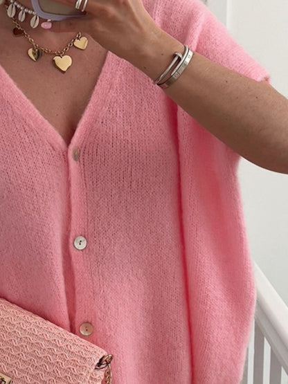 V-Neck Button Up Short Sleeve Cardigan-Angel Casuals