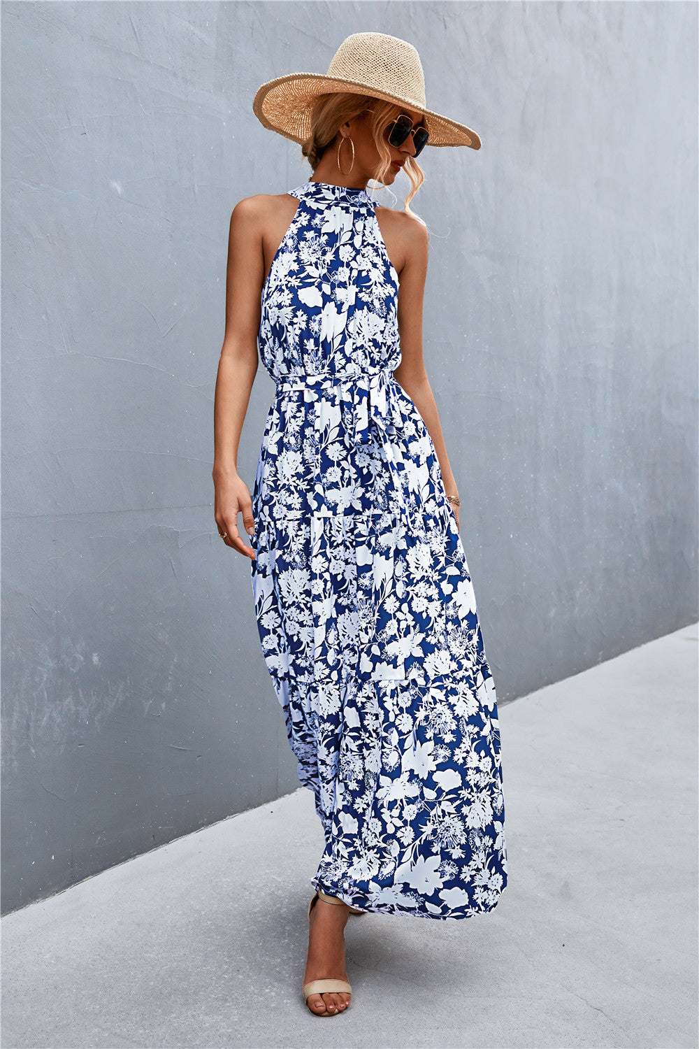 Printed Sleeveless Tie Waist Maxi Dress-Angel Casuals