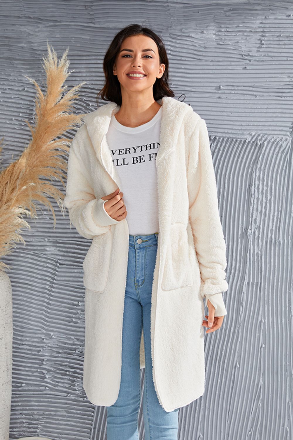 Double Take Full Size Hooded Teddy Bear Jacket with Thumbholes-Angel Casuals
