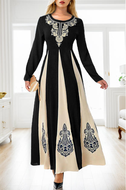 Printed Round Neck Long Sleeve Maxi Dress-Angel Casuals