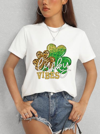 LUCKY VIBES Round Neck Short Sleeve T-Shirt-Angel Casuals