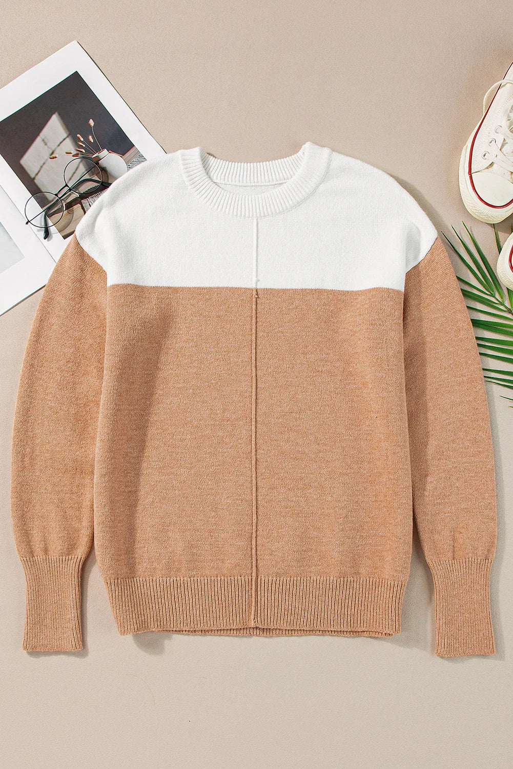 Color Block Round Neck Long Sleeve Sweater-Angel Casuals