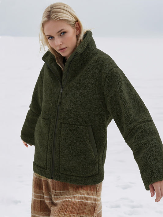 Turtleneck Zip Up Long Sleeve Plush Jacket-Angel Casuals