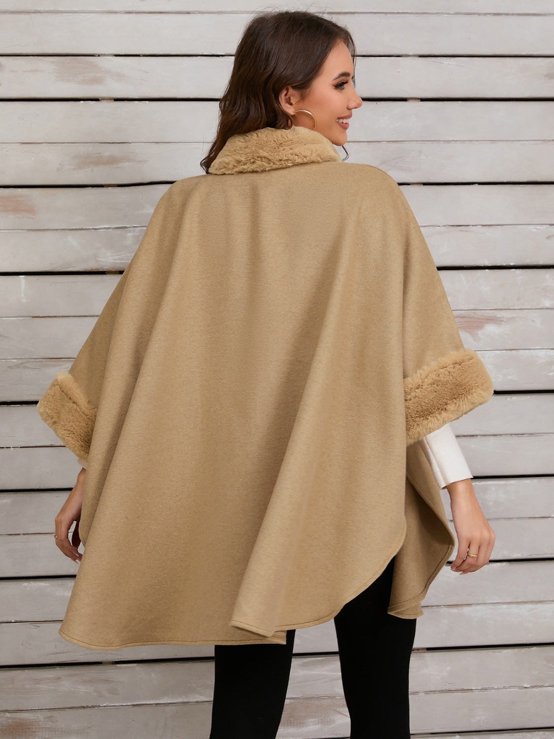 Fuzzy Trim Long Sleeve Poncho-Angel Casuals