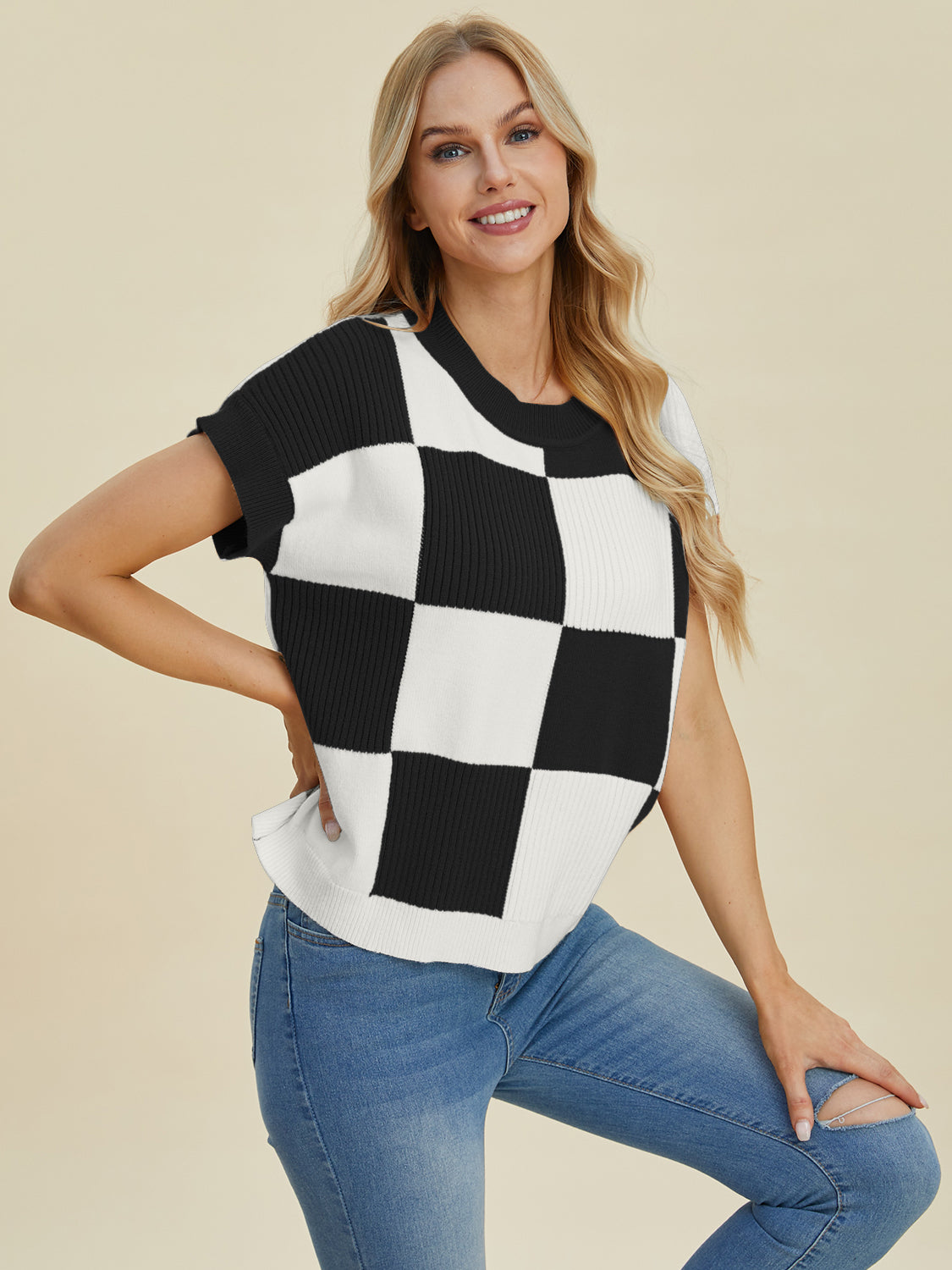 Double Take Full Size Checkered Round Neck Short Sleeve Sweater-Angel Casuals