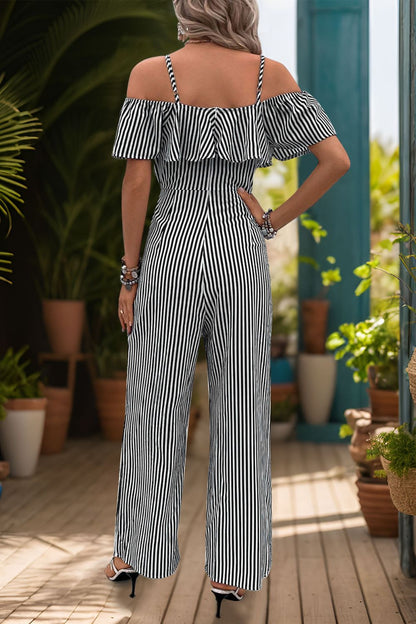 Ruffled Striped Short Sleeve Jumpsuit-Angel Casuals