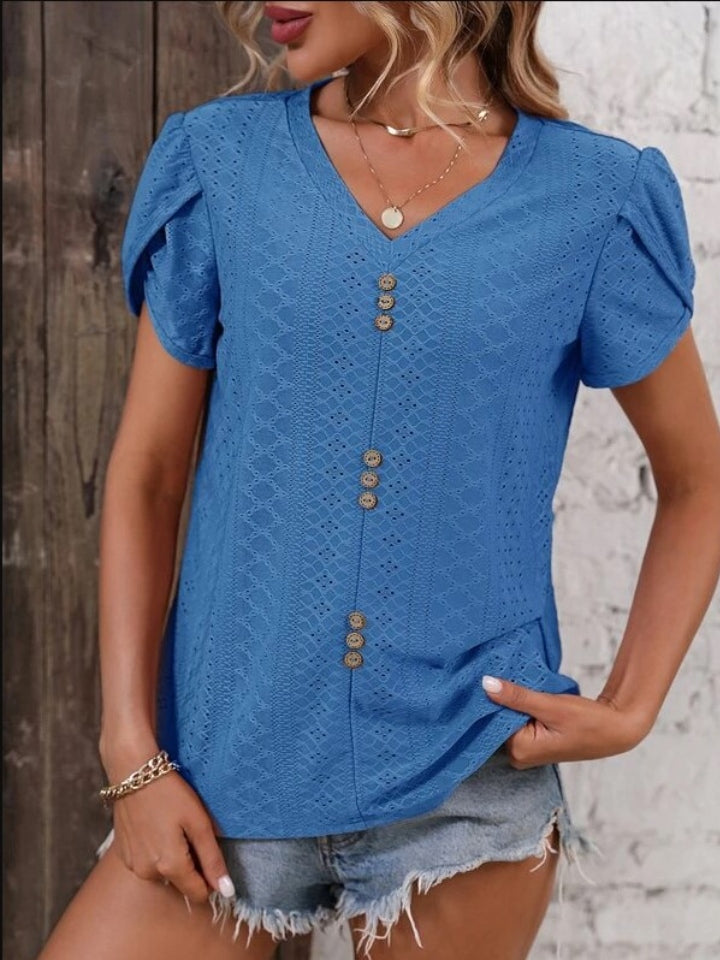 Eyelet V-Neck Petal Sleeve T-Shirt-Angel Casuals