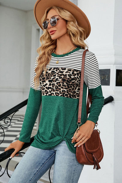 Leopard Striped Round Neck T-Shirt-Angel Casuals