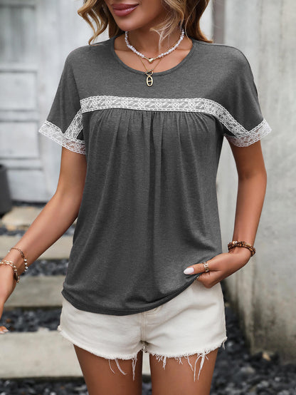 Contrast Round Neck Short Sleeve Tee-Angel Casuals