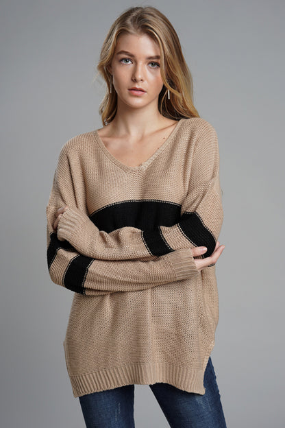 Slit Contrast V-Neck Long Sleeve Sweater-Angel Casuals