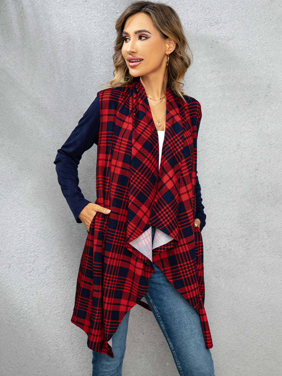 Shiny Plaid Open Front Cardigan-Angel Casuals