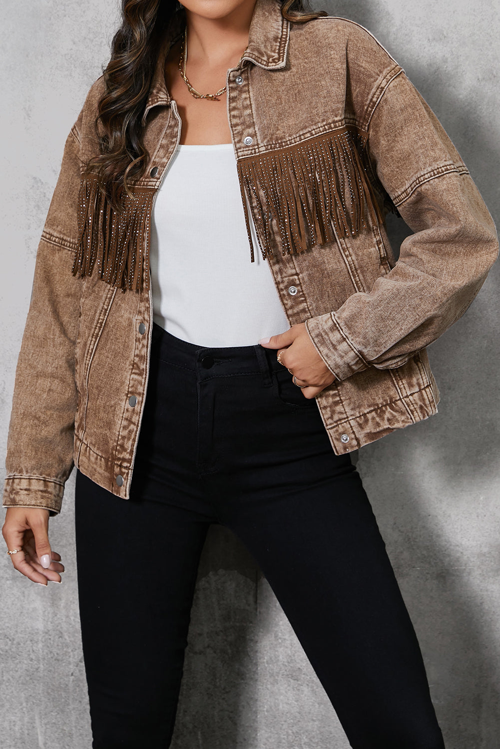 Fringe Trim Snap Down Denim Jacket-Angel Casuals