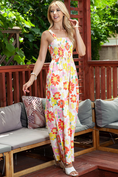 Floral Square Neck Smocked Wide Leg Jumpsuit-Angel Casuals