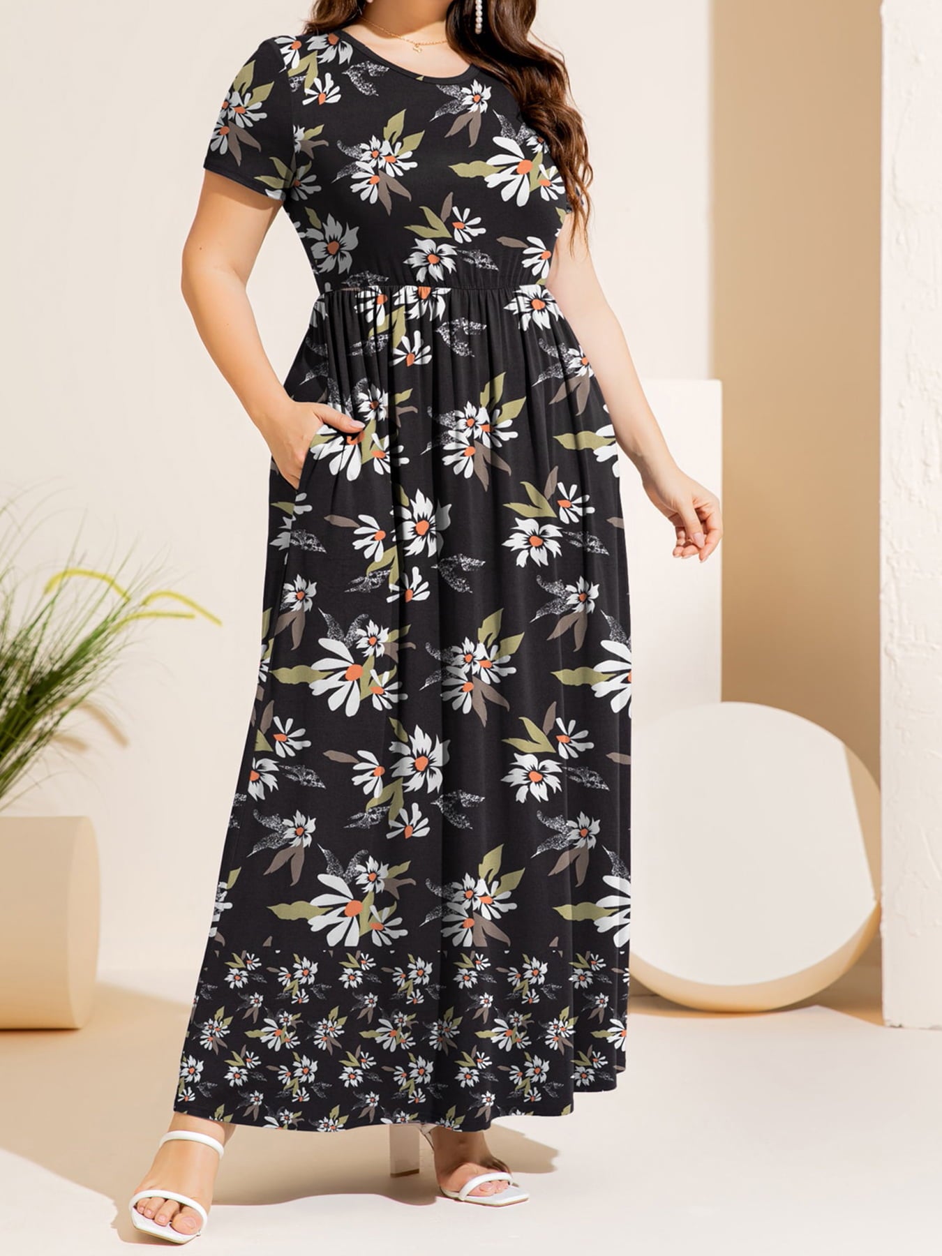 Plus Size Printed Round Neck Short Sleeve Maxi Dress-Angel Casuals