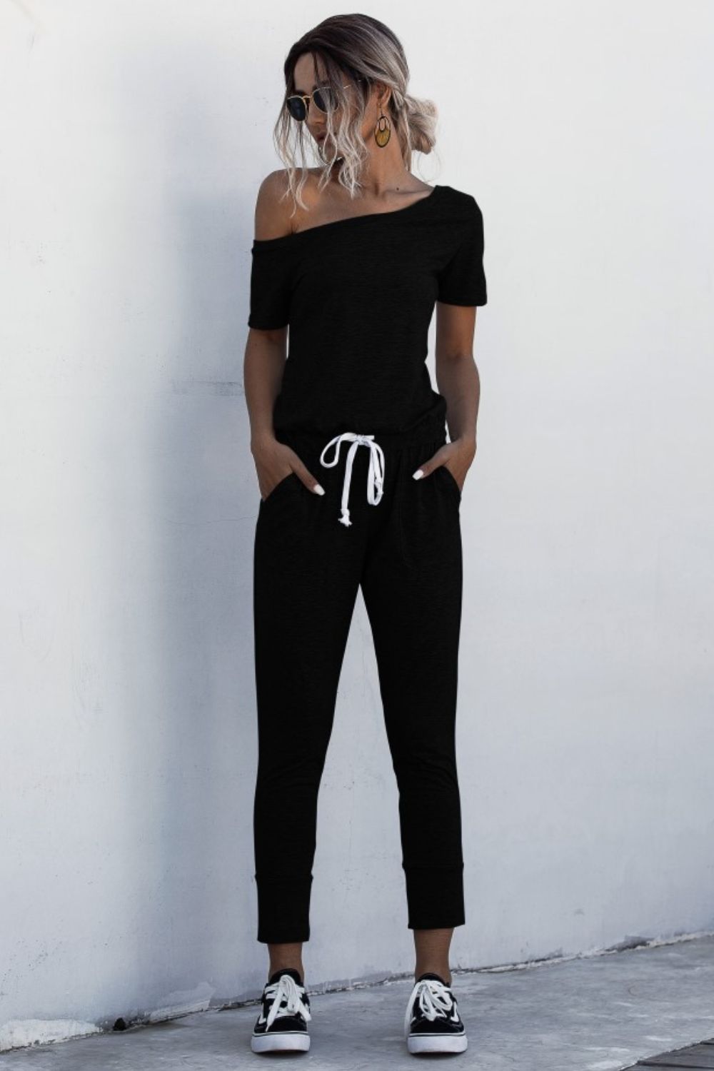 Asymmetrical Neck Tied Jumpsuit with Pockets-Angel Casuals