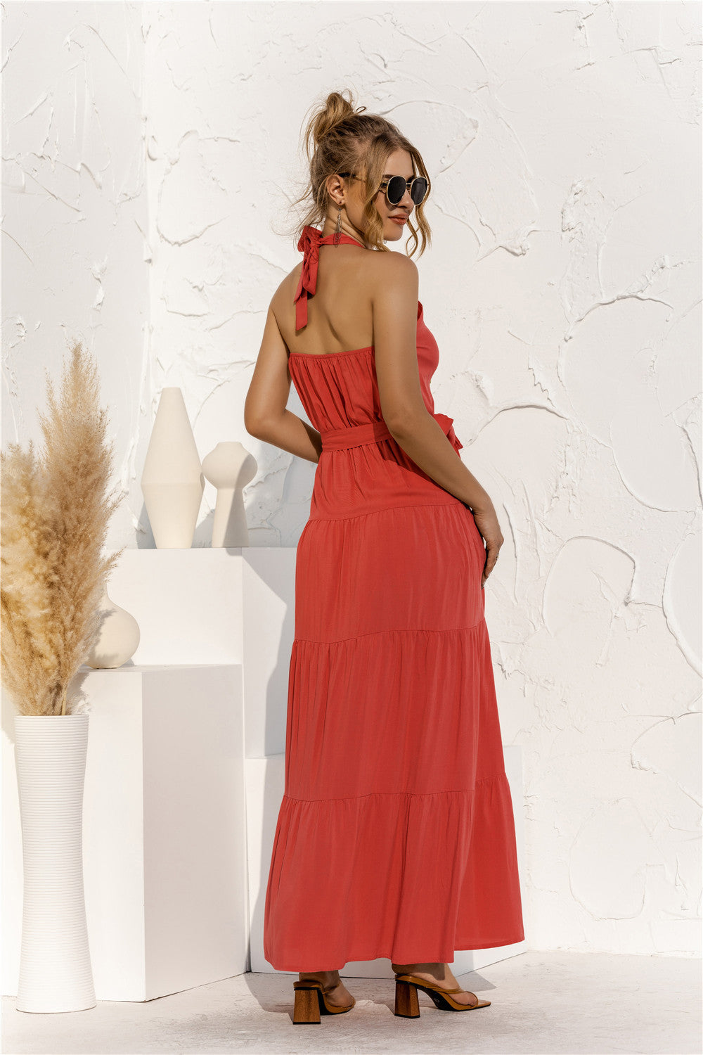 Halter Neck Tie Waist Tiered Maxi Dress-Angel Casuals