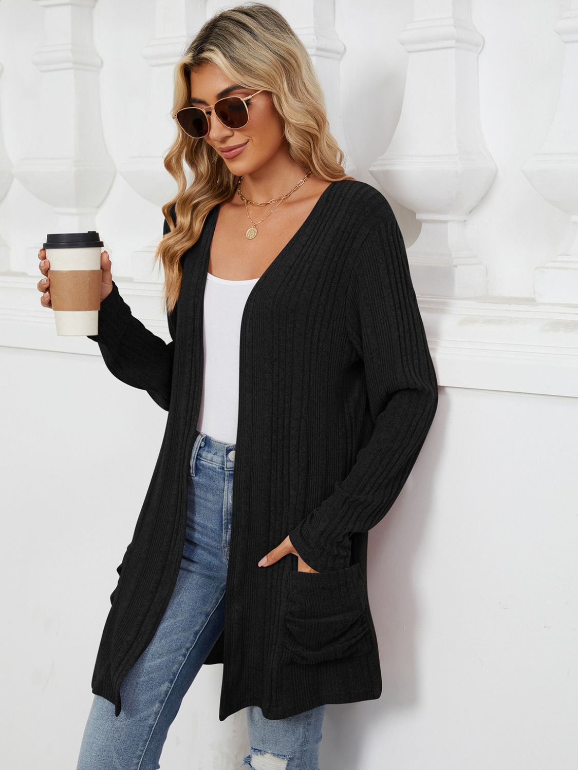 Pocketed Open Front Long Sleeve Cardigan-Angel Casuals