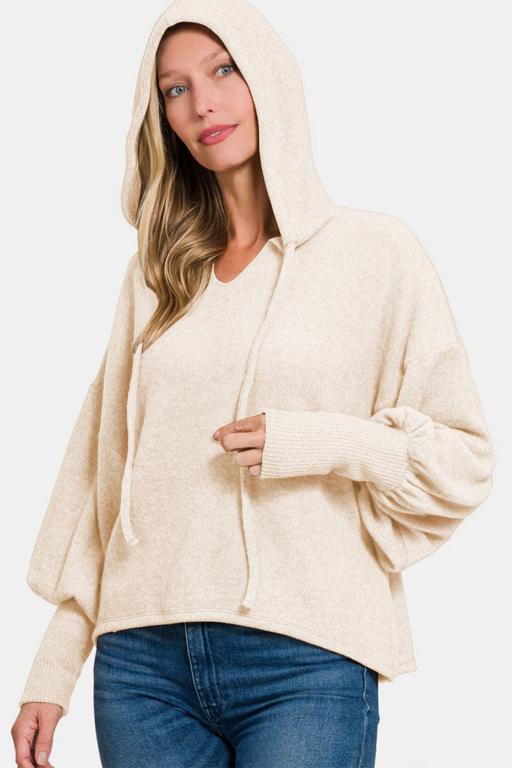 Zenana Brushed Hacci Drop Shoulder Cropped Hoodie-Angel Casuals