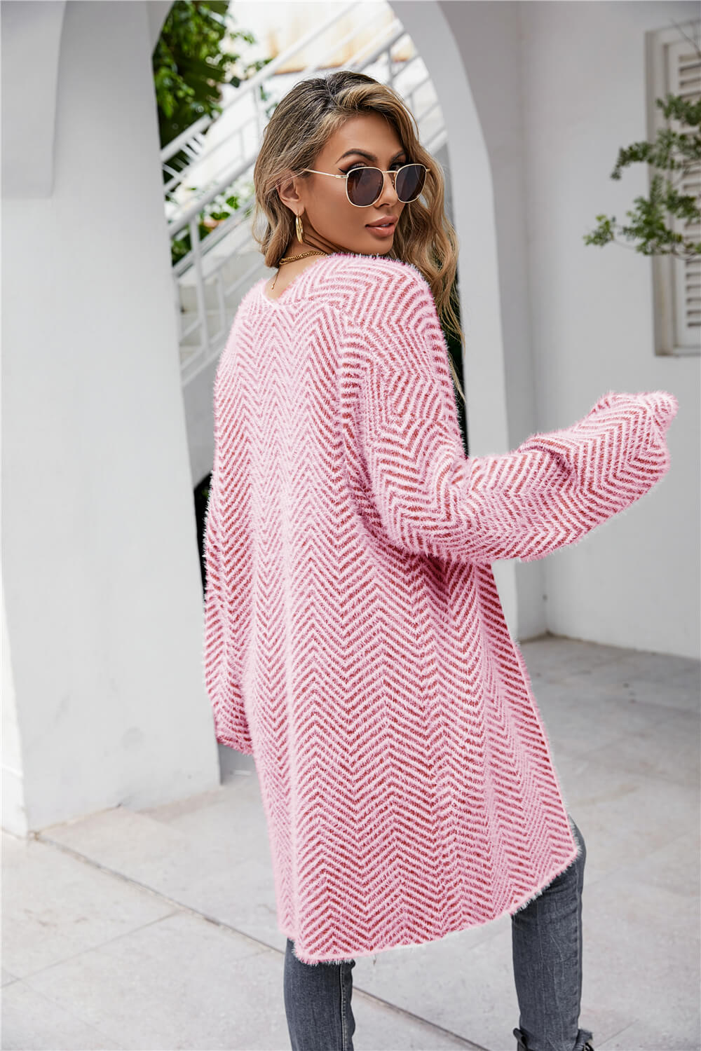 Herringbone Pattern Open Front Longline Fuzzy Cardigan-Angel Casuals