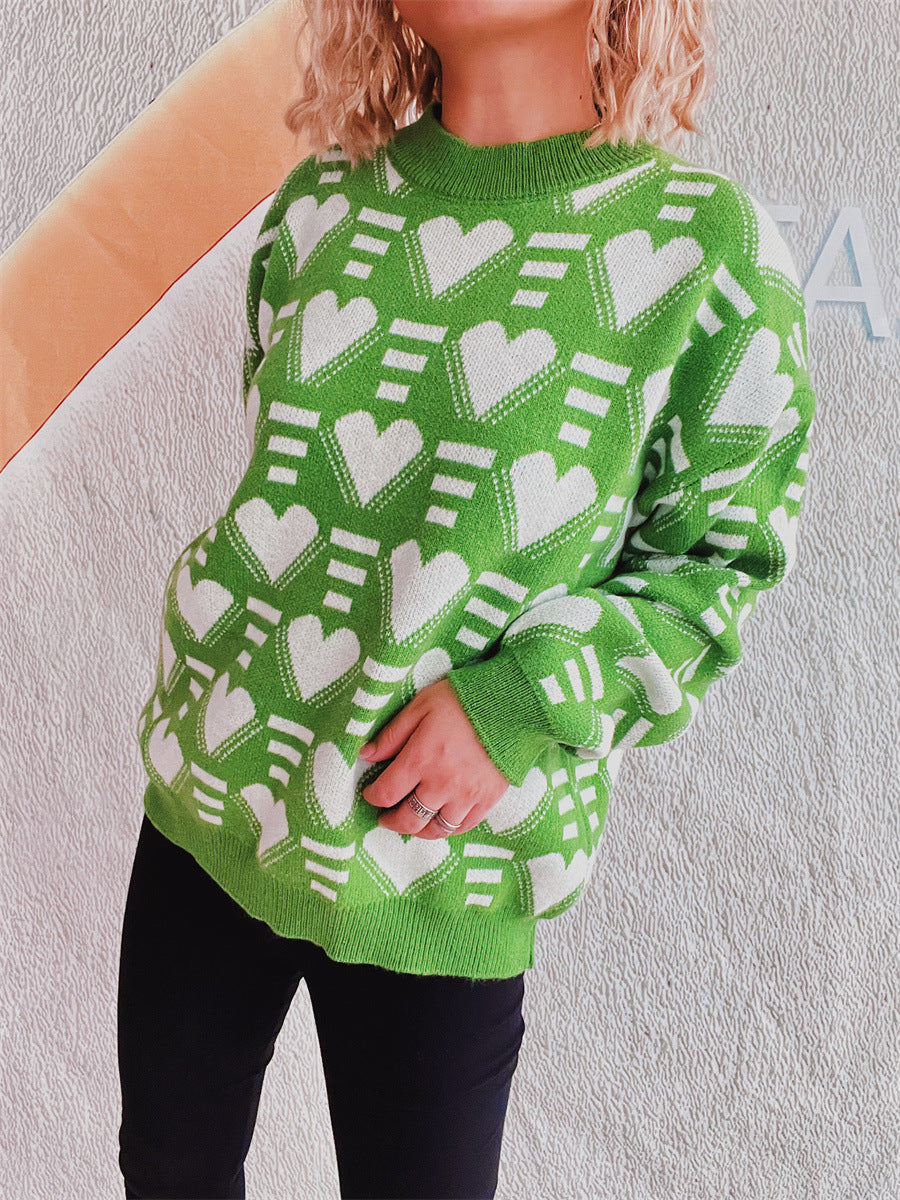 Heart Contrast Long Sleeve Dropped Shoulder Sweater-Angel Casuals