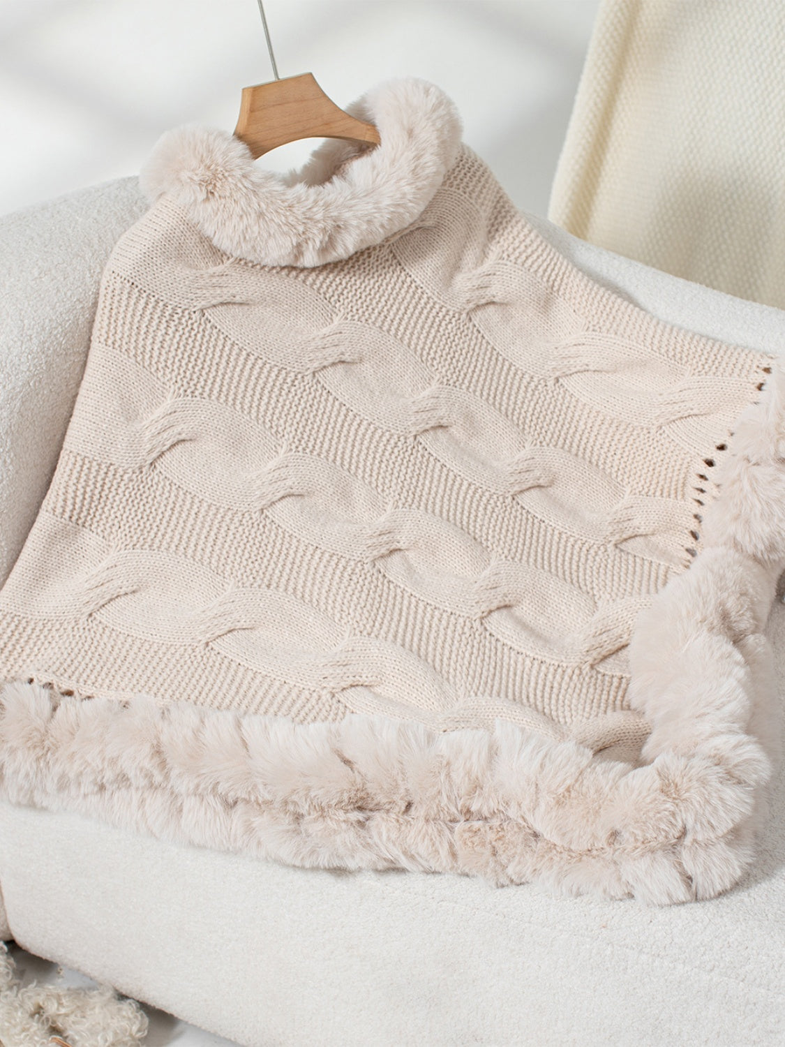 Fuzzy Hem Cable-Knit Poncho-Angel Casuals