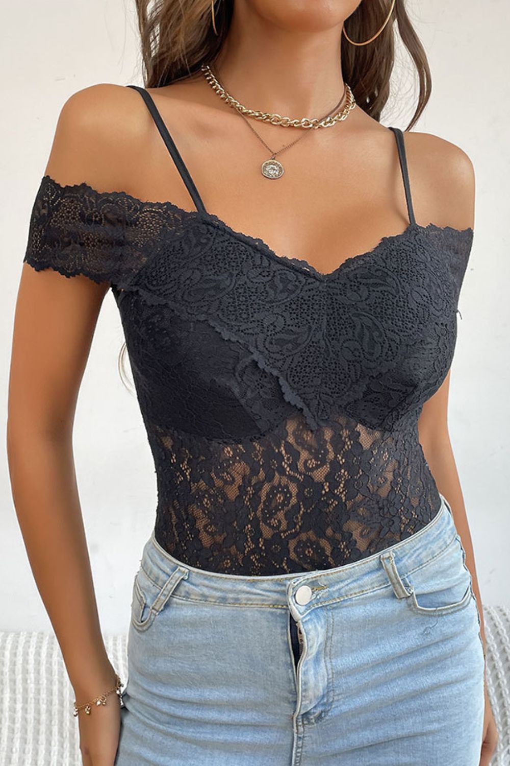 Lace Cold-Shoulder Bodysuit-Angel Casuals