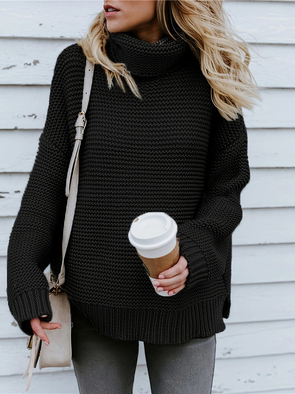 Turtleneck Dropped Shoulder Sweater-Angel Casuals