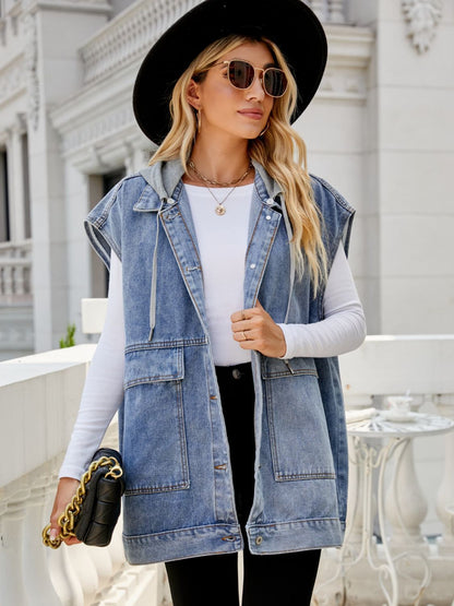 Hooded Sleeveless Denim Top with Pockets-Angel Casuals