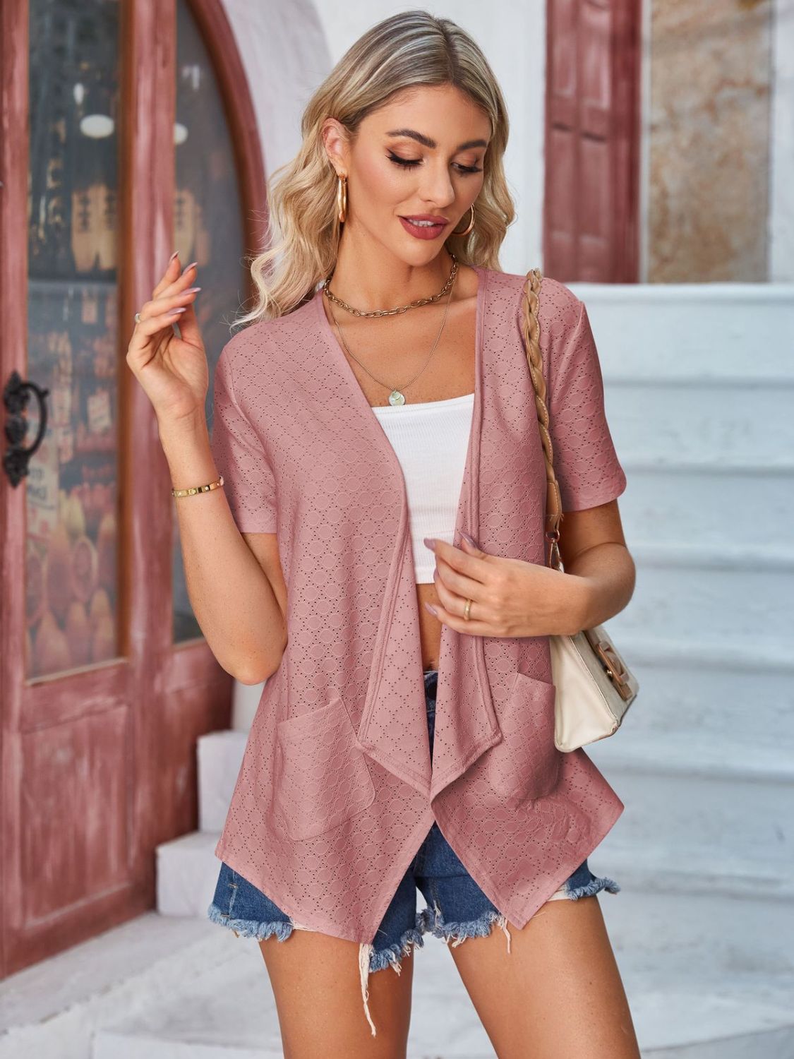 Eyelet Open Front Short Sleeve Cover Up-Angel Casuals