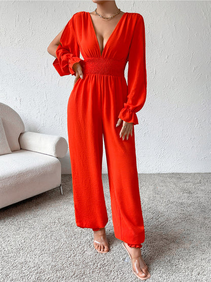 Plunge Smocked Flounce Sleeve Jumpsuit-Angel Casuals